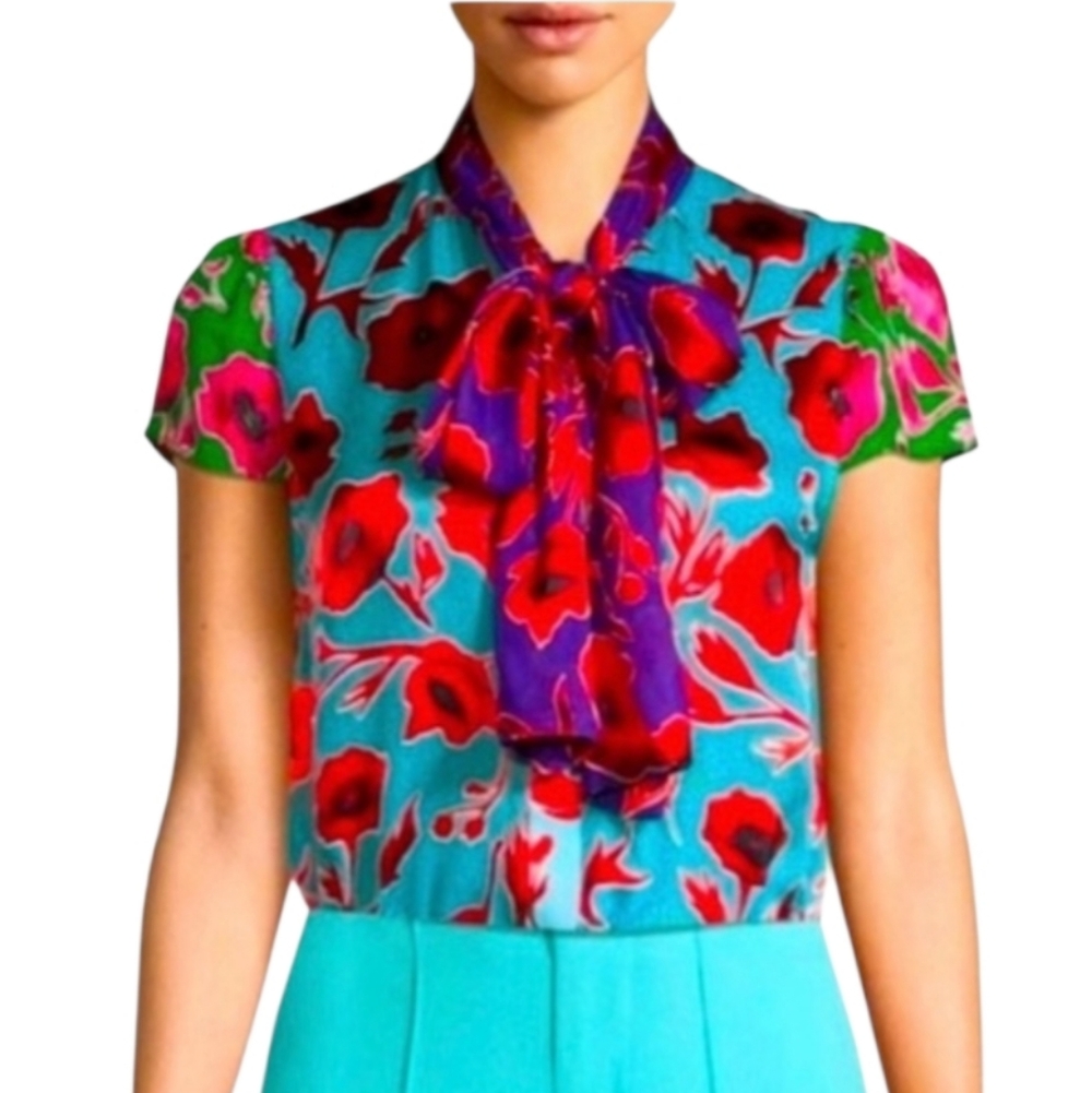 Alice + Olivia Jeannie Turquoise Burnout Red Floral Cap Sleeve Tie Collar Blouse